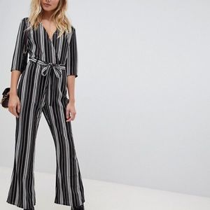 NWOT black & white striped jumpsuit with tie belt